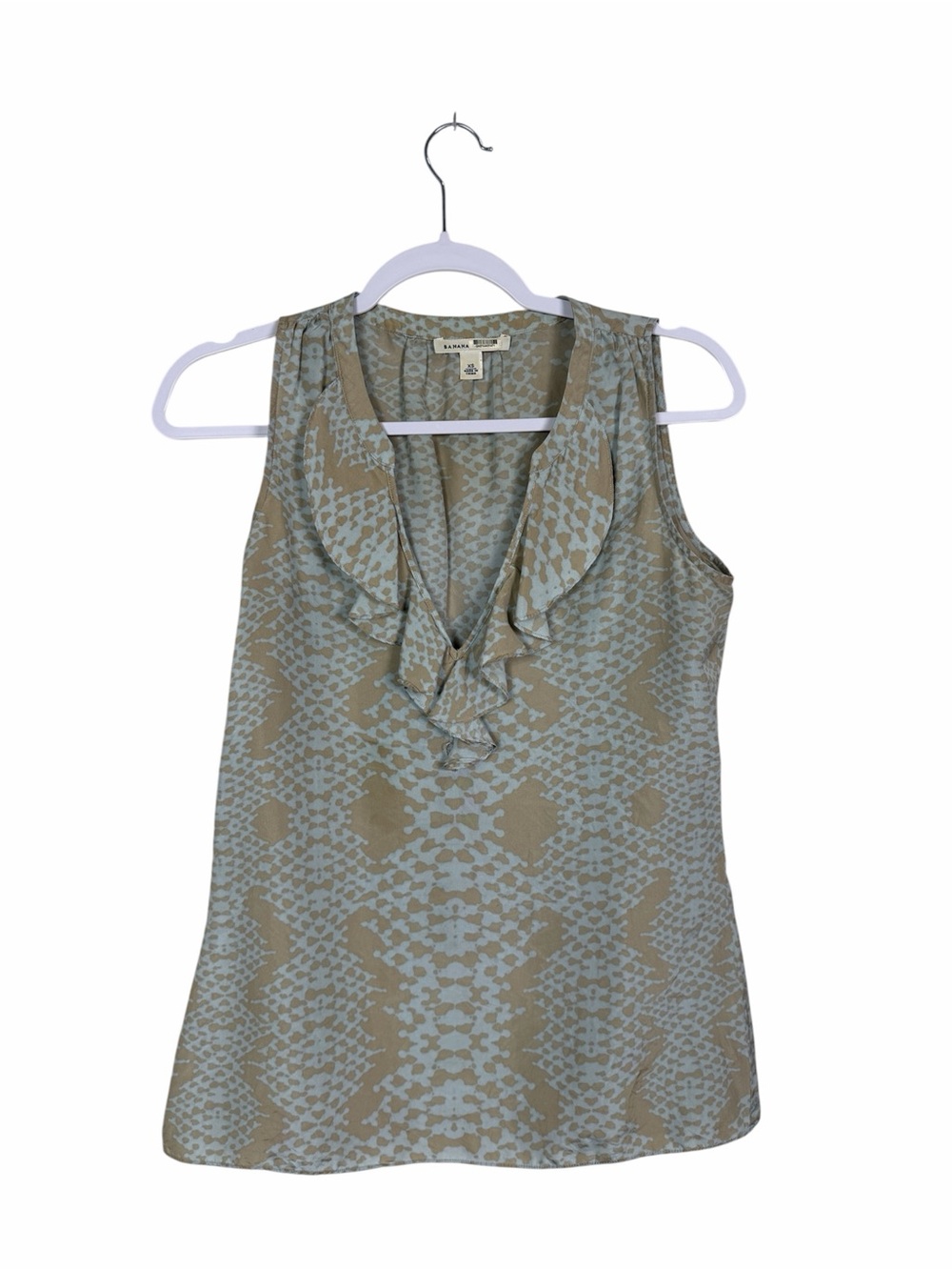 Banana Republic 100% Silk Blouse Ruffle Front Sleeveless Animal Print Chic Top